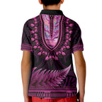 Pink African Dashiki With Aotearoa Maori Kid Polo Shirt Paua Shell Mix Silver Fern