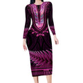 Pink African Dashiki With Aotearoa Maori Long Sleeve Bodycon Dress Paua Shell Mix Silver Fern