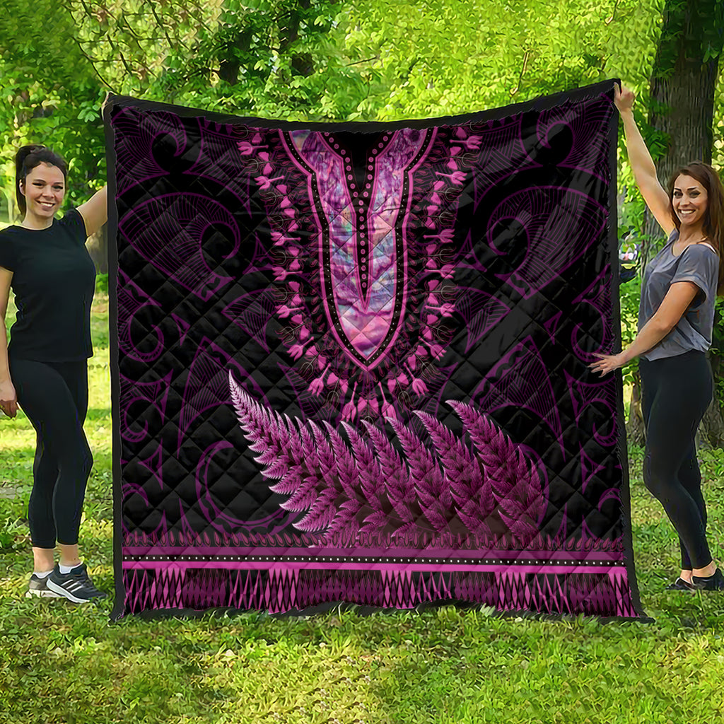 Pink African Dashiki With Aotearoa Maori Quilt Paua Shell Mix Silver Fern
