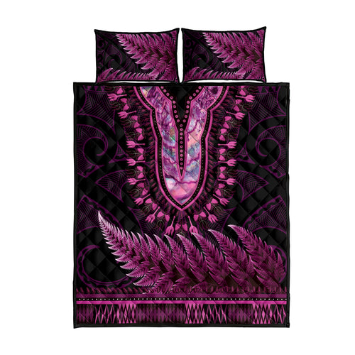 Pink African Dashiki With Aotearoa Maori Quilt Bed Set Paua Shell Mix Silver Fern