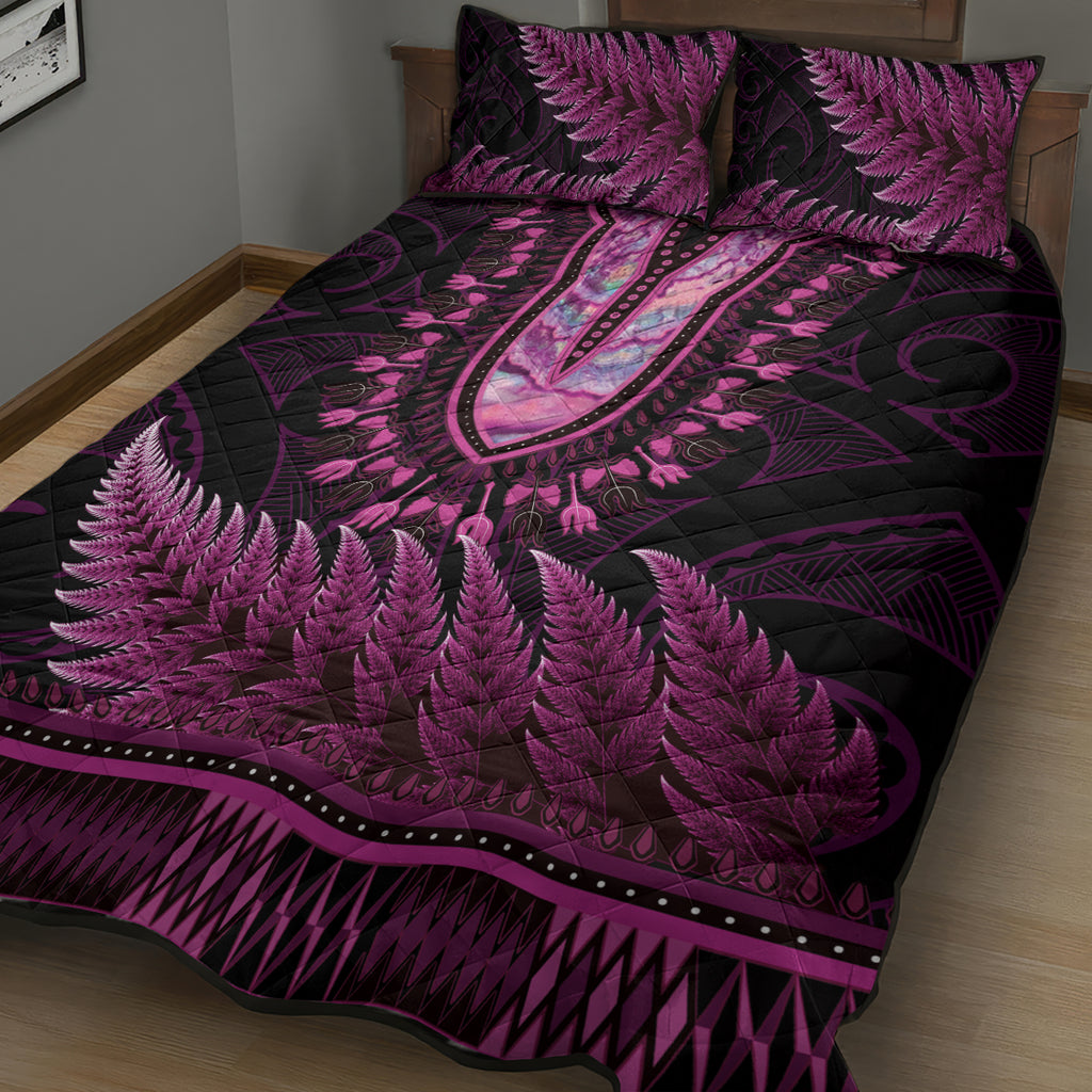 Pink African Dashiki With Aotearoa Maori Quilt Bed Set Paua Shell Mix Silver Fern