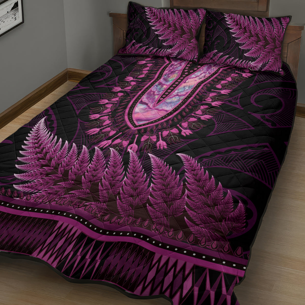 Pink African Dashiki With Aotearoa Maori Quilt Bed Set Paua Shell Mix Silver Fern