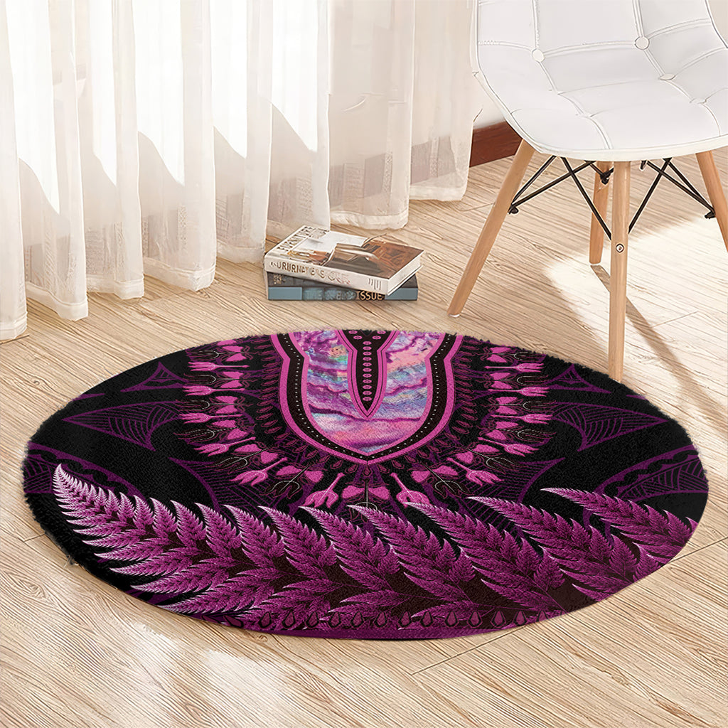 Pink African Dashiki With Aotearoa Maori Round Carpet Paua Shell Mix Silver Fern