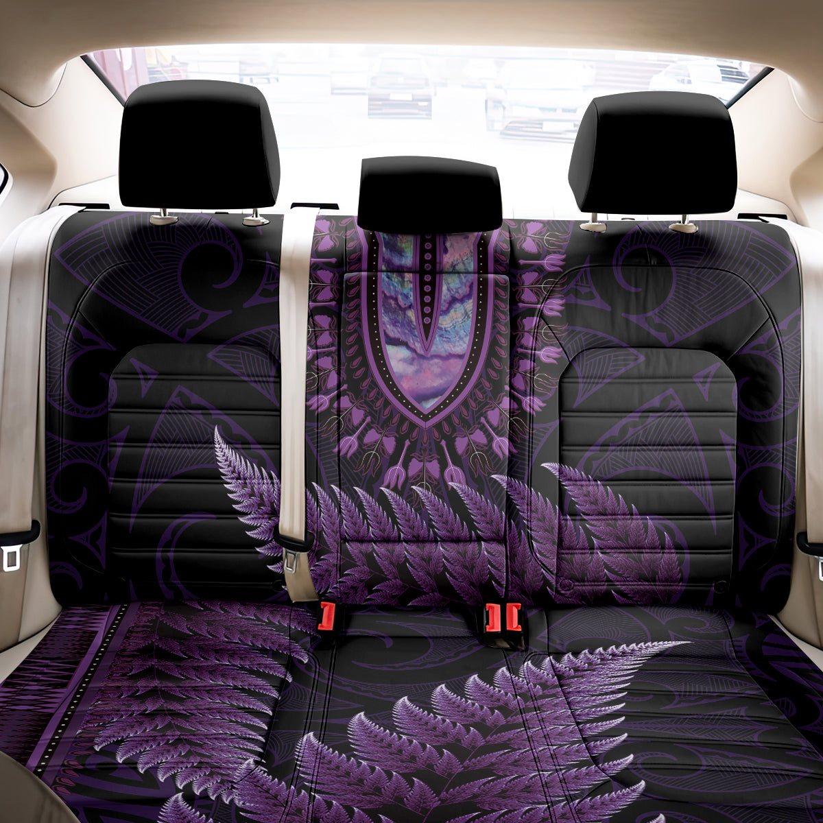 Purple African Dashiki With Aotearoa Maori Back Car Seat Cover Paua Shell Mix Silver Fern