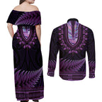 Purple African Dashiki With Aotearoa Maori Couples Matching Off Shoulder Maxi Dress and Long Sleeve Button Shirt Paua Shell Mix Silver Fern