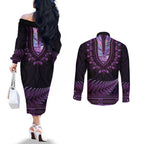 Purple African Dashiki With Aotearoa Maori Couples Matching Off The Shoulder Long Sleeve Dress and Long Sleeve Button Shirt Paua Shell Mix Silver Fern
