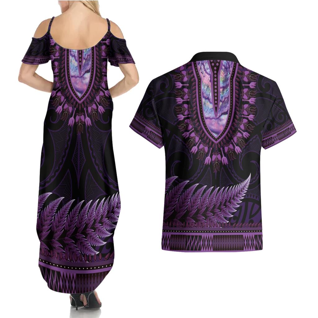 Purple African Dashiki With Aotearoa Maori Couples Matching Summer Maxi Dress and Hawaiian Shirt Paua Shell Mix Silver Fern
