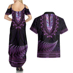 Purple African Dashiki With Aotearoa Maori Couples Matching Summer Maxi Dress and Hawaiian Shirt Paua Shell Mix Silver Fern
