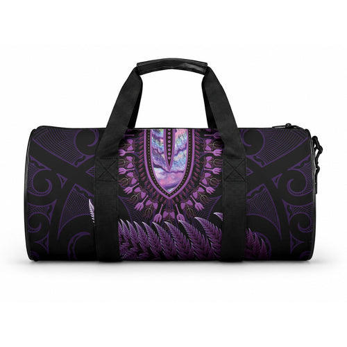 Purple African Dashiki With Aotearoa Maori Duffle Bag Paua Shell Mix Silver Fern