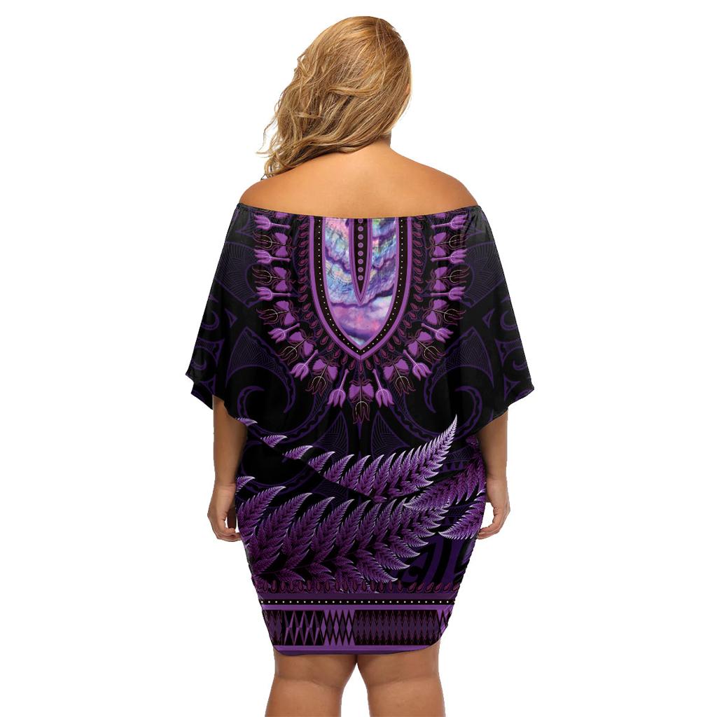 Purple African Dashiki With Aotearoa Maori Family Matching Off Shoulder Short Dress and Hawaiian Shirt Paua Shell Mix Silver Fern