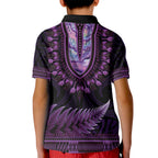 Purple African Dashiki With Aotearoa Maori Kid Polo Shirt Paua Shell Mix Silver Fern