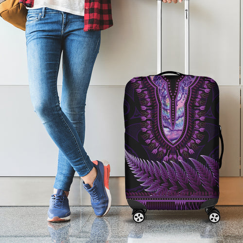Purple African Dashiki With Aotearoa Maori Luggage Cover Paua Shell Mix Silver Fern