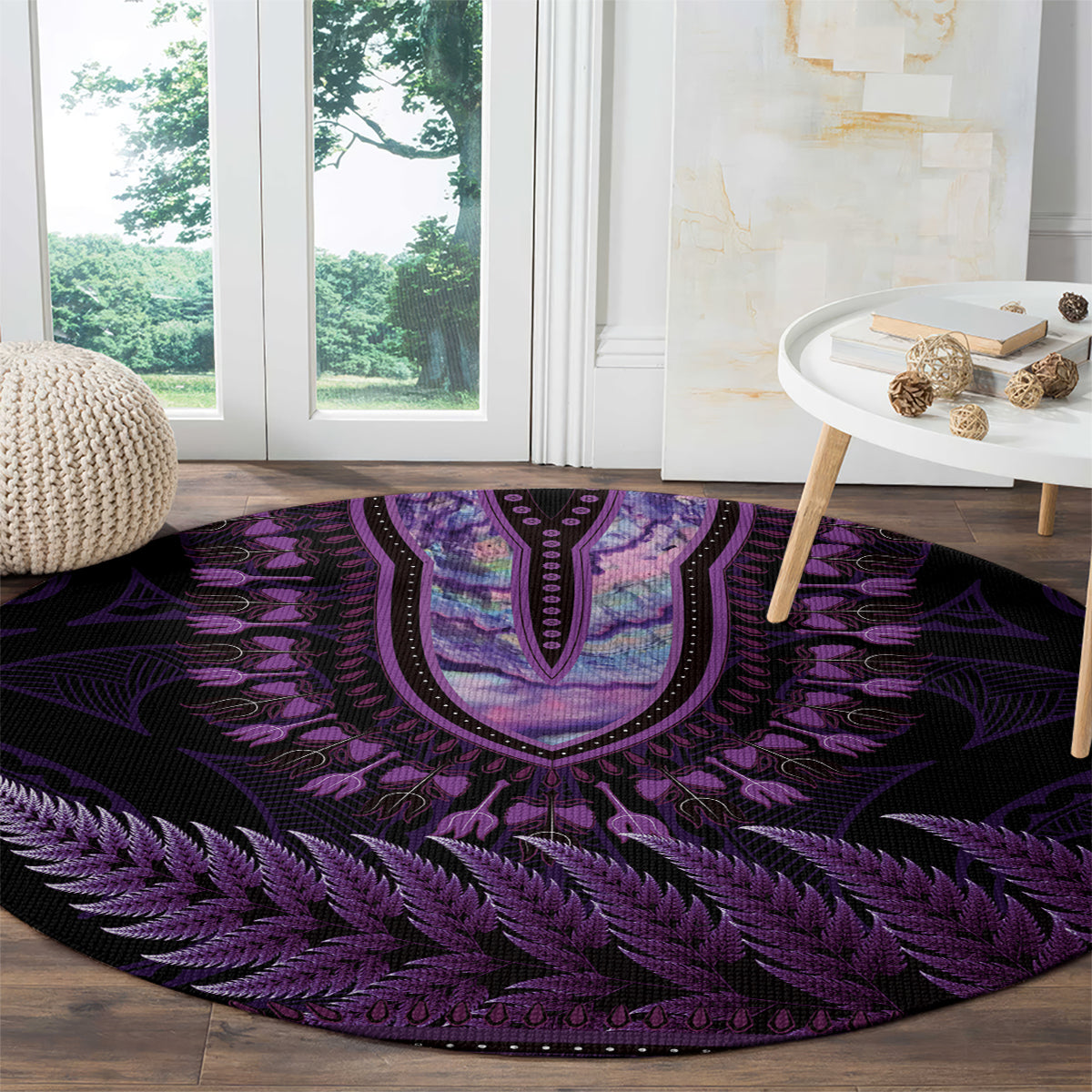 Purple African Dashiki With Aotearoa Maori Round Carpet Paua Shell Mix Silver Fern