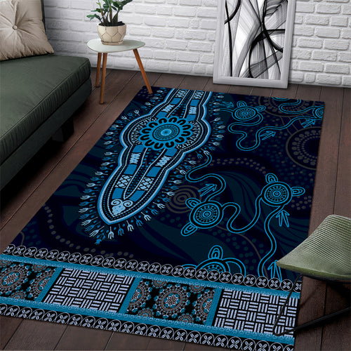 Blue African Dashiki With Australia Aboriginal Art Area Rug