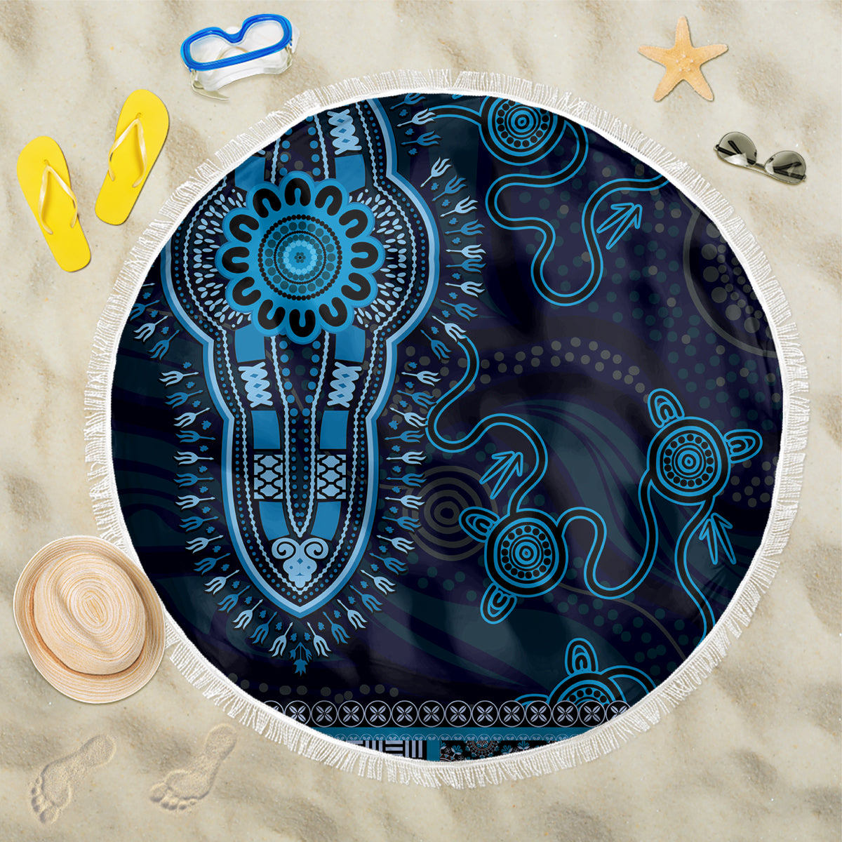 Blue African Dashiki With Australia Aboriginal Art Beach Blanket