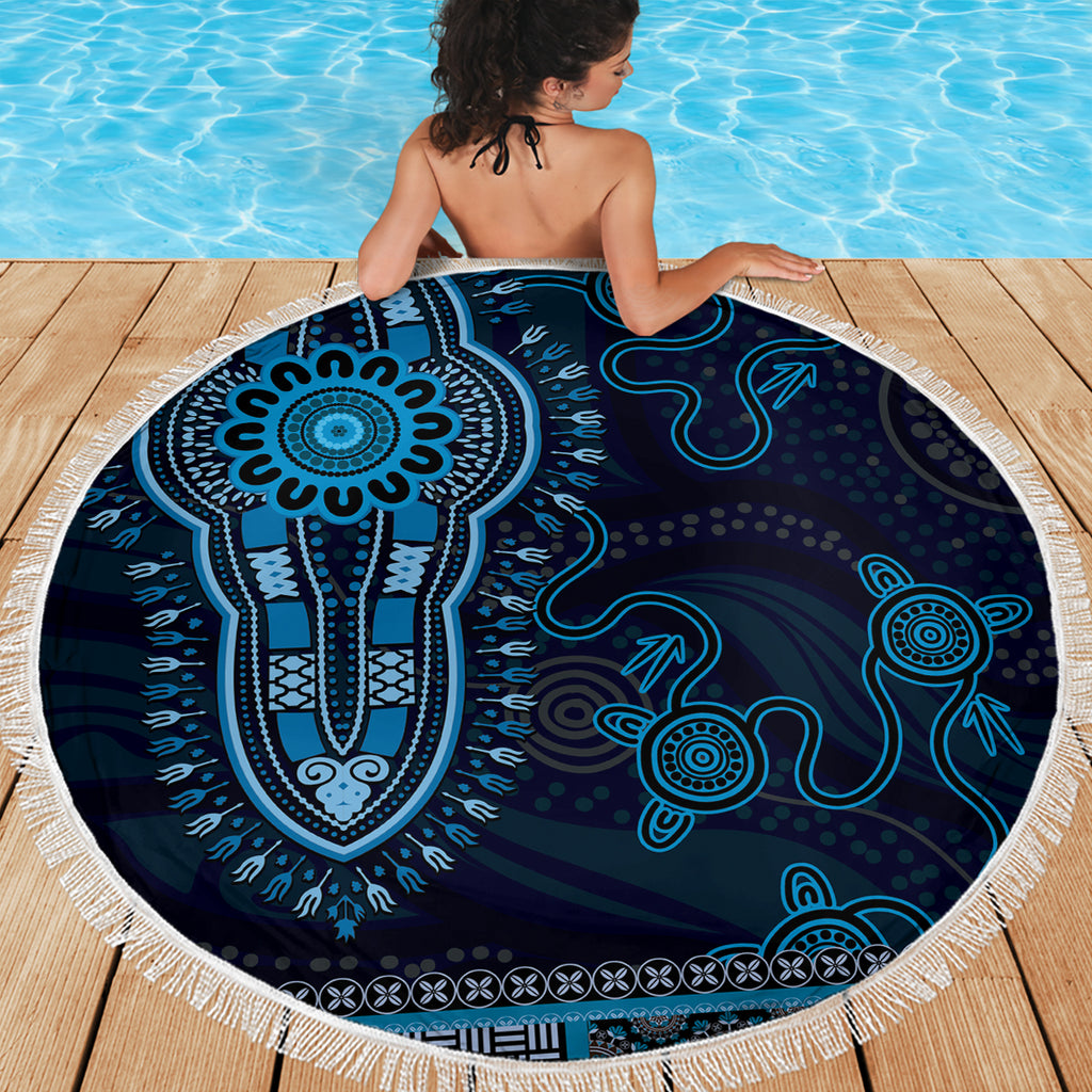 Blue African Dashiki With Australia Aboriginal Art Beach Blanket