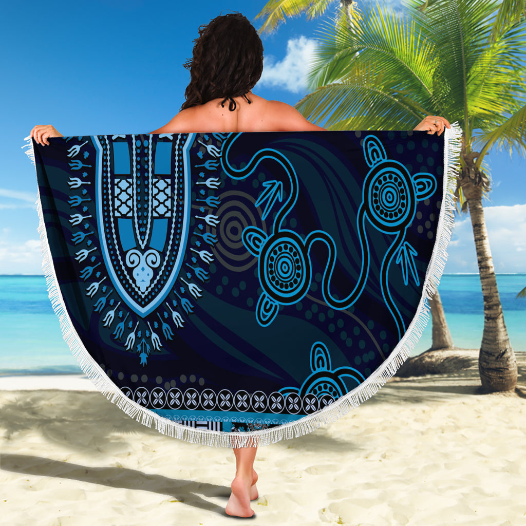 Blue African Dashiki With Australia Aboriginal Art Beach Blanket
