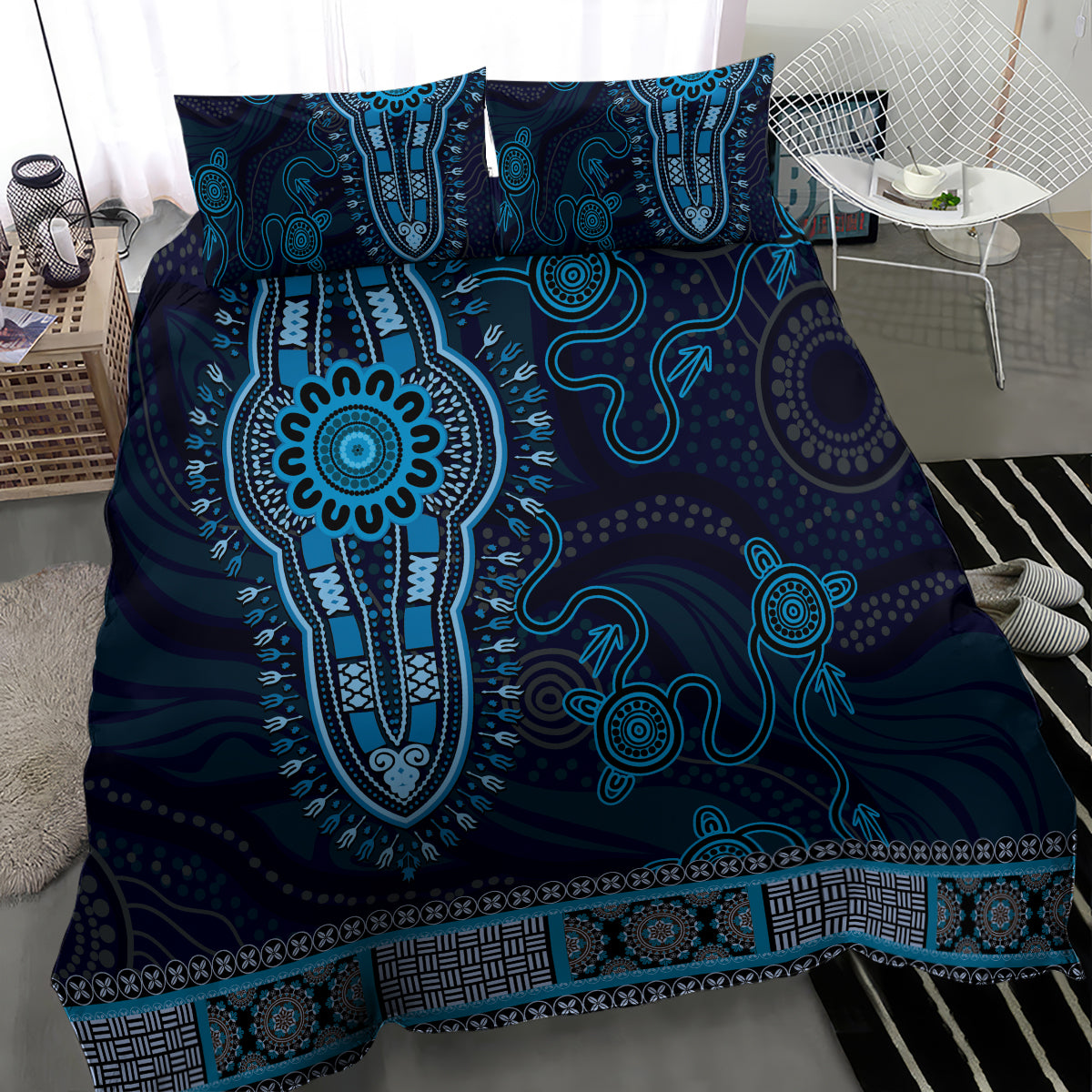 Blue African Dashiki With Australia Aboriginal Art Bedding Set