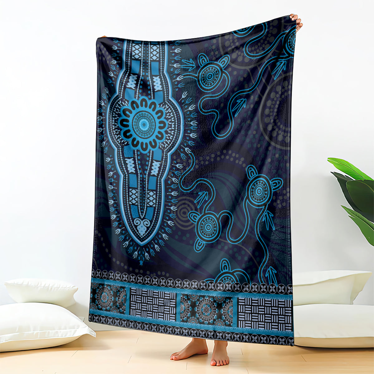 Blue African Dashiki With Australia Aboriginal Art Blanket