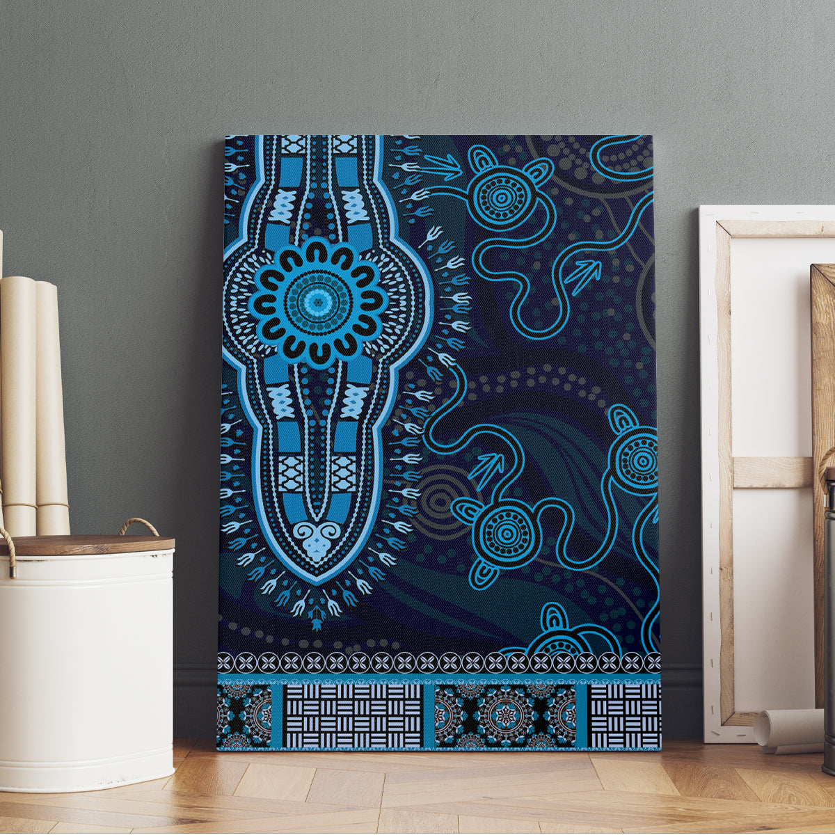 Blue African Dashiki With Australia Aboriginal Art Canvas Wall Art