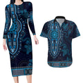 Blue African Dashiki With Australia Aboriginal Art Couples Matching Long Sleeve Bodycon Dress and Hawaiian Shirt