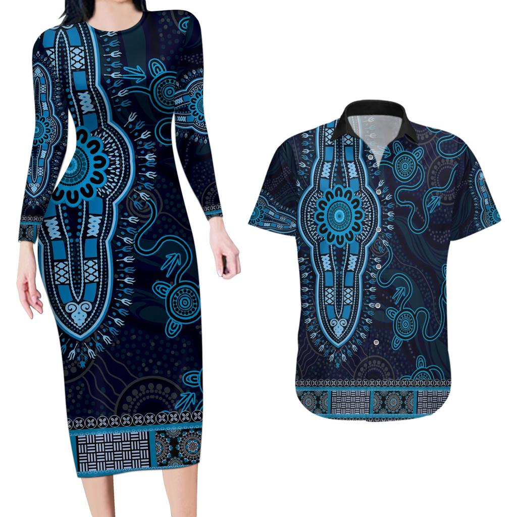 Blue African Dashiki With Australia Aboriginal Art Couples Matching Long Sleeve Bodycon Dress and Hawaiian Shirt
