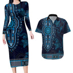 Blue African Dashiki With Australia Aboriginal Art Couples Matching Long Sleeve Bodycon Dress and Hawaiian Shirt