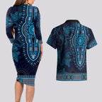 Blue African Dashiki With Australia Aboriginal Art Couples Matching Long Sleeve Bodycon Dress and Hawaiian Shirt