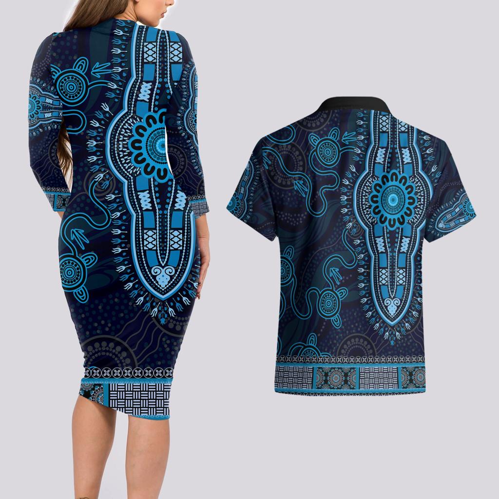 Blue African Dashiki With Australia Aboriginal Art Couples Matching Long Sleeve Bodycon Dress and Hawaiian Shirt