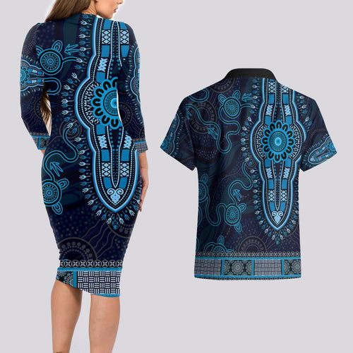 Blue African Dashiki With Australia Aboriginal Art Couples Matching Long Sleeve Bodycon Dress and Hawaiian Shirt