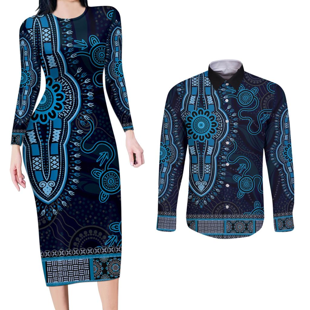 Blue African Dashiki With Australia Aboriginal Art Couples Matching Long Sleeve Bodycon Dress and Long Sleeve Button Shirt
