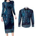 Blue African Dashiki With Australia Aboriginal Art Couples Matching Long Sleeve Bodycon Dress and Long Sleeve Button Shirt