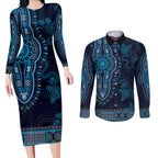 Blue African Dashiki With Australia Aboriginal Art Couples Matching Long Sleeve Bodycon Dress and Long Sleeve Button Shirt