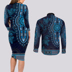 Blue African Dashiki With Australia Aboriginal Art Couples Matching Long Sleeve Bodycon Dress and Long Sleeve Button Shirt