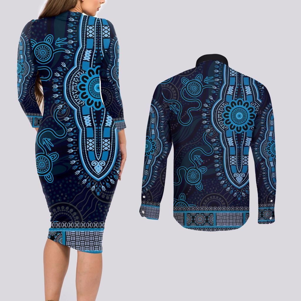Blue African Dashiki With Australia Aboriginal Art Couples Matching Long Sleeve Bodycon Dress and Long Sleeve Button Shirt