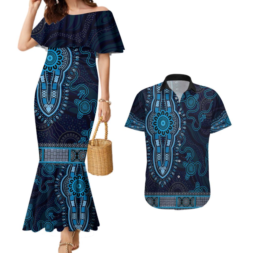 Blue African Dashiki With Australia Aboriginal Art Couples Matching Mermaid Dress and Hawaiian Shirt