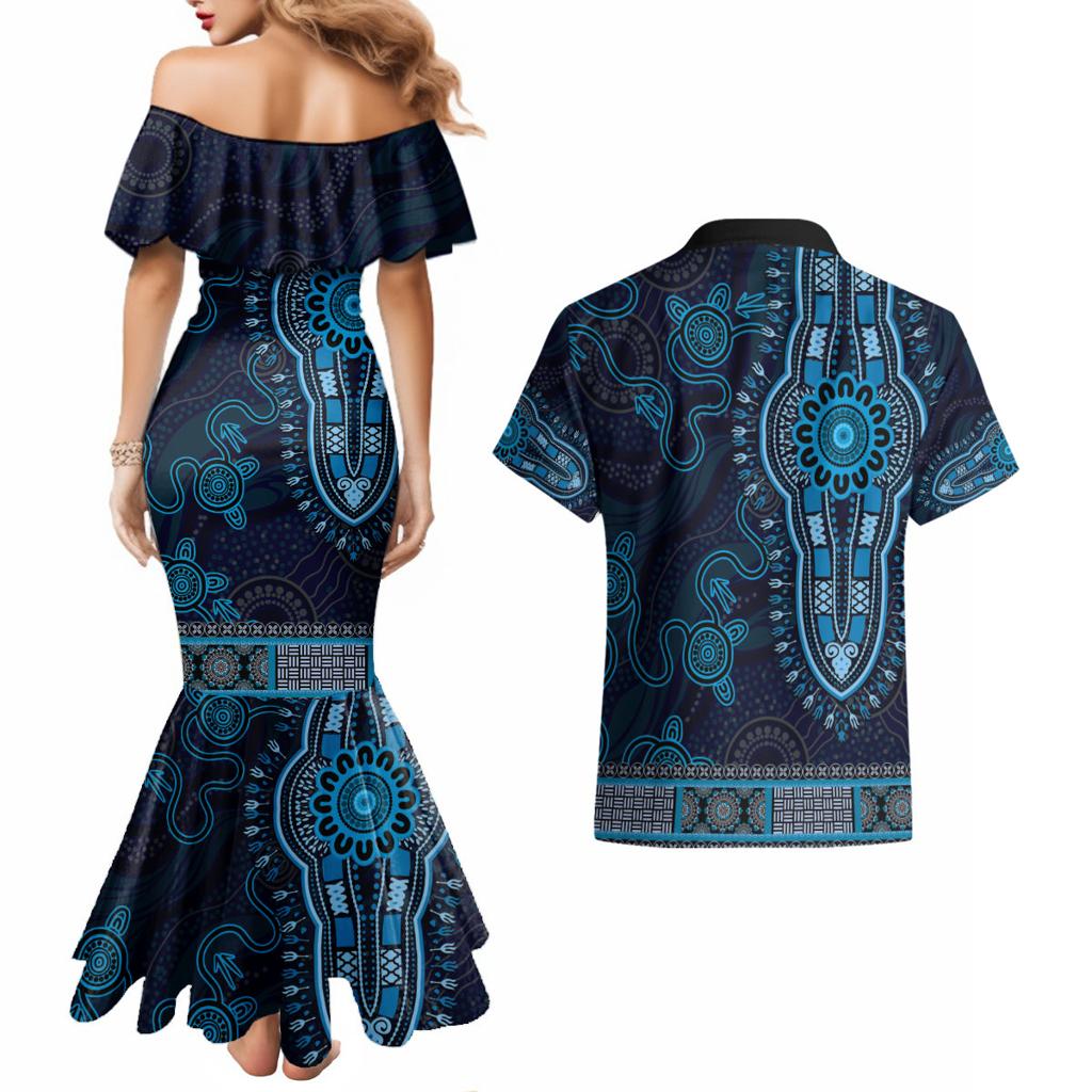 Blue African Dashiki With Australia Aboriginal Art Couples Matching Mermaid Dress and Hawaiian Shirt