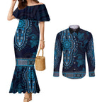 Blue African Dashiki With Australia Aboriginal Art Couples Matching Mermaid Dress and Long Sleeve Button Shirt