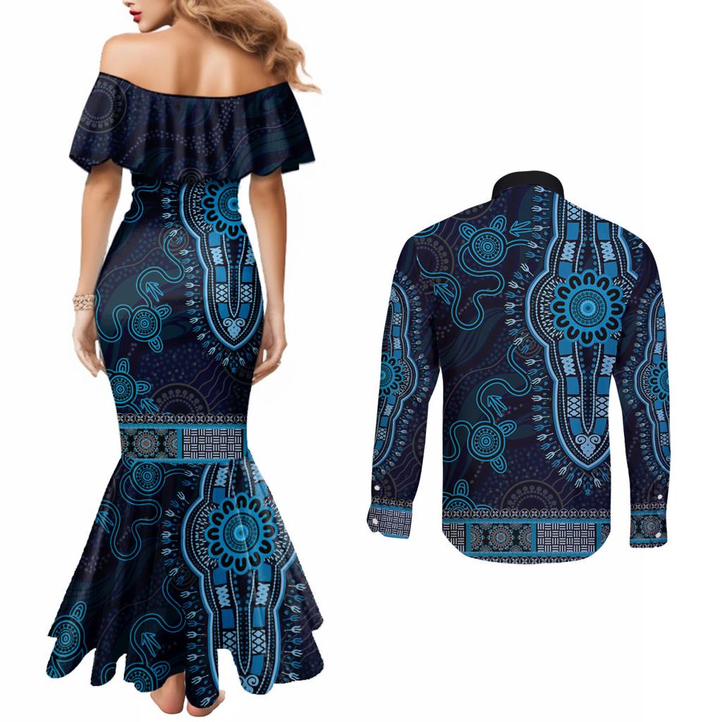 Blue African Dashiki With Australia Aboriginal Art Couples Matching Mermaid Dress and Long Sleeve Button Shirt