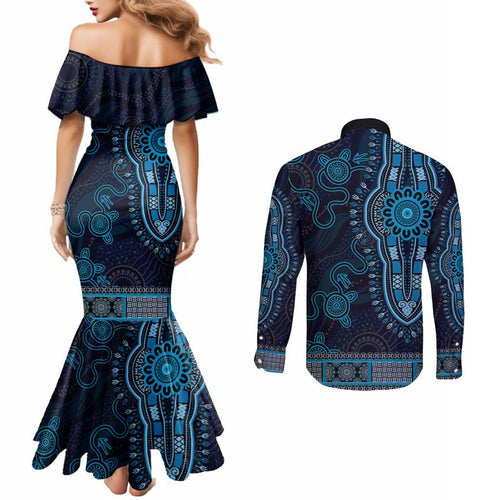 Blue African Dashiki With Australia Aboriginal Art Couples Matching Mermaid Dress and Long Sleeve Button Shirt