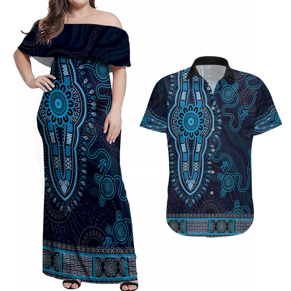 Blue African Dashiki With Australia Aboriginal Art Couples Matching Off Shoulder Maxi Dress and Hawaiian Shirt