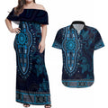 Blue African Dashiki With Australia Aboriginal Art Couples Matching Off Shoulder Maxi Dress and Hawaiian Shirt