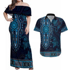 Blue African Dashiki With Australia Aboriginal Art Couples Matching Off Shoulder Maxi Dress and Hawaiian Shirt