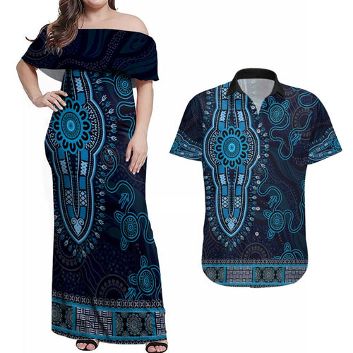 Blue African Dashiki With Australia Aboriginal Art Couples Matching Off Shoulder Maxi Dress and Hawaiian Shirt