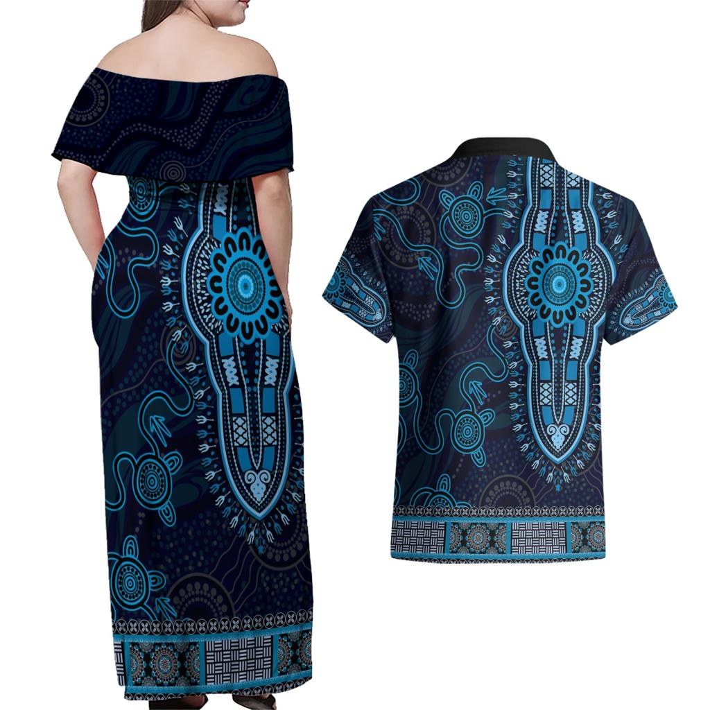 Blue African Dashiki With Australia Aboriginal Art Couples Matching Off Shoulder Maxi Dress and Hawaiian Shirt
