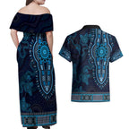 Blue African Dashiki With Australia Aboriginal Art Couples Matching Off Shoulder Maxi Dress and Hawaiian Shirt