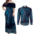 Blue African Dashiki With Australia Aboriginal Art Couples Matching Off Shoulder Maxi Dress and Long Sleeve Button Shirt