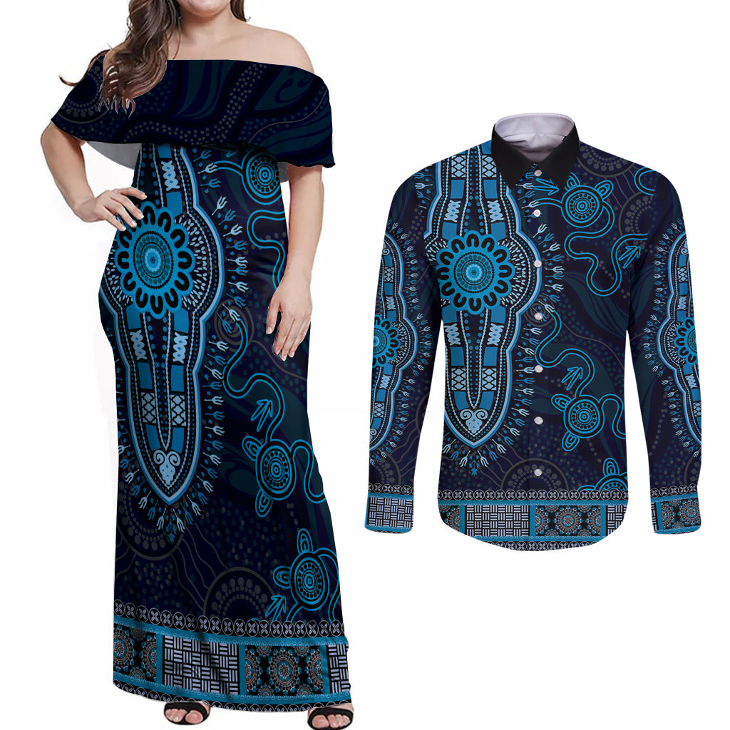 Blue African Dashiki With Australia Aboriginal Art Couples Matching Off Shoulder Maxi Dress and Long Sleeve Button Shirt