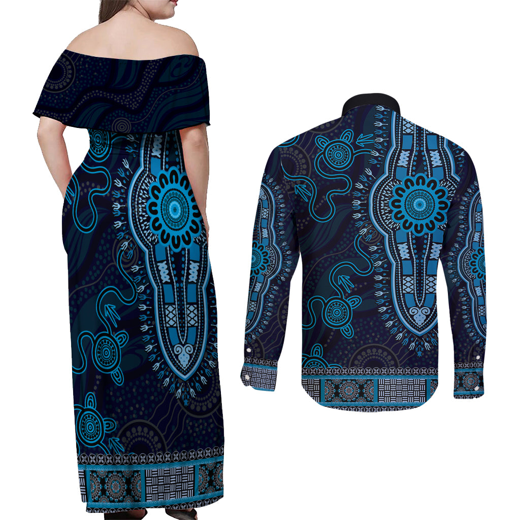 Blue African Dashiki With Australia Aboriginal Art Couples Matching Off Shoulder Maxi Dress and Long Sleeve Button Shirt