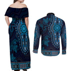 Blue African Dashiki With Australia Aboriginal Art Couples Matching Off Shoulder Maxi Dress and Long Sleeve Button Shirt